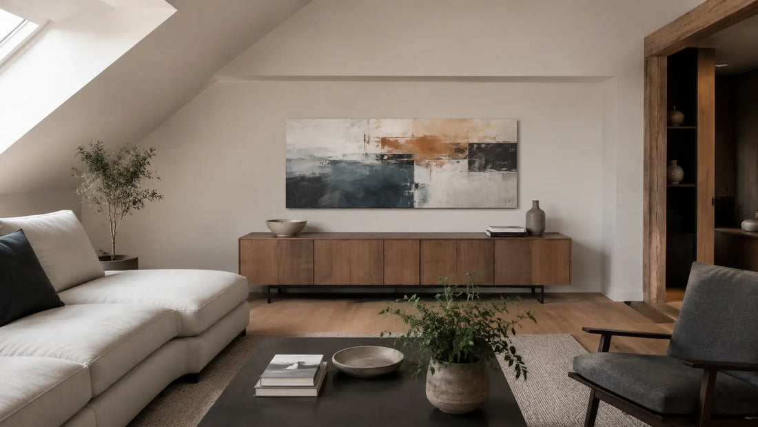 Attic living room with horizontal abstract canvas placed inside a clear rectangular wall envelope below a sloped ceiling
