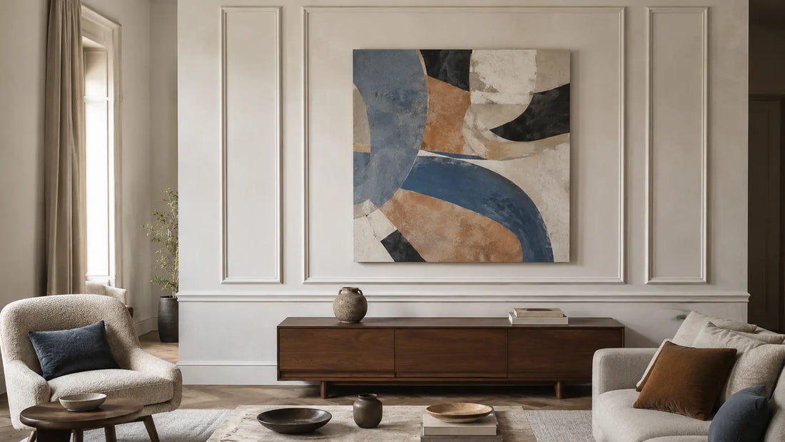 Paneled living-room wall with one original abstract canvas registered inside a broad molding bay above a low console