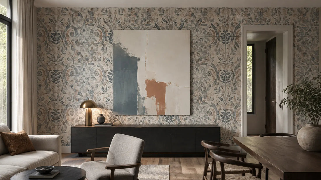 Patterned wallpaper and a large abstract canvas balanced through scale separation, readable edges, and an edited room sightline