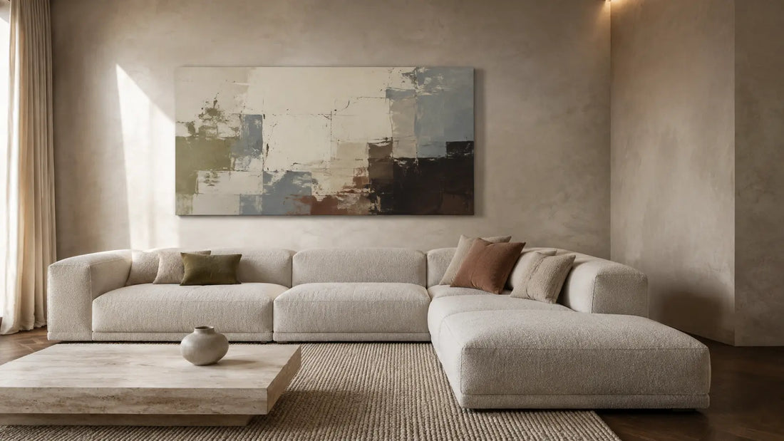 Oatmeal L-shaped sectional with a projecting chaise beneath one original abstract canvas on a warm plaster wall