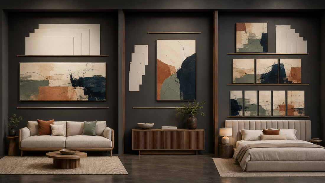 Canvas wall art size comparisons above a sofa, bed and console in a modern interior