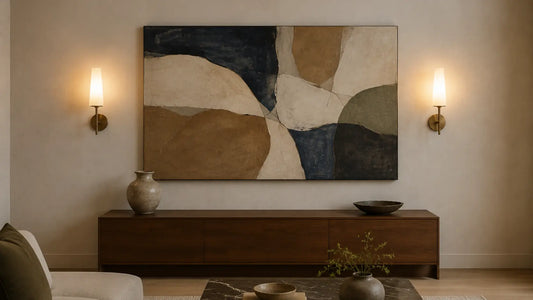 Original abstract canvas centered between two softly lit brass wall sconces above a low walnut console