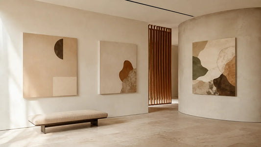Three illustrative abstract canvases compare warm-minimalist, hybrid, and organic-modern composition in one material-led interior