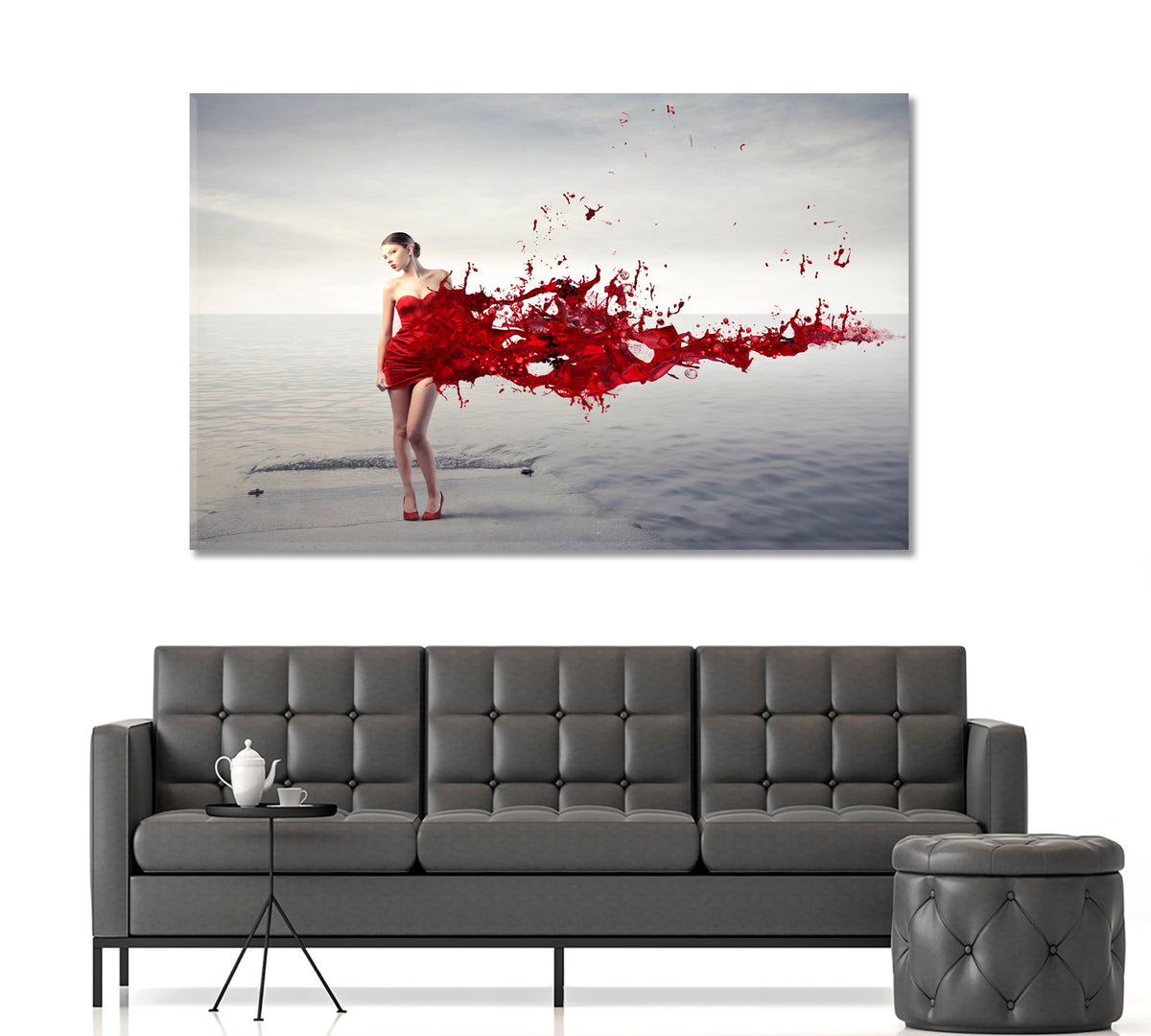 LADY IN RED Beautiful Woman on Pier Vintage Affordable Canvas Print Artesty 1 panel 24" x 16" 