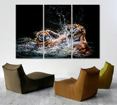 WILD CAT Two Tigers Fighting In Water Animals Canvas Print Artesty 3 panels 36" x 24" 