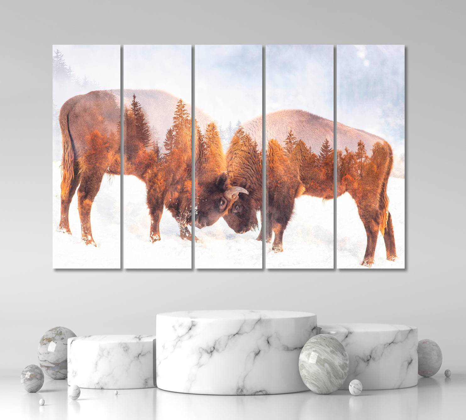 Double Exposure Two Wild Bison Fighting And Pine Trees Wild Life Framed Art Artesty   