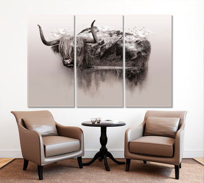 Bull Yak Wildlife Art Double Exposure Trees Mountain Surrounded By Fog Wild Life Framed Art Artesty   