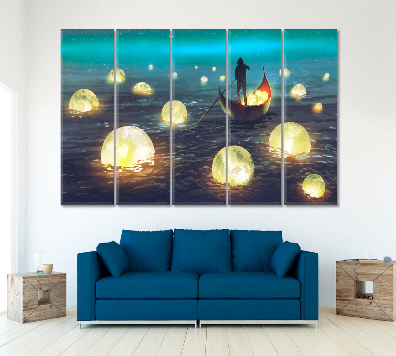 SURREAL Night Scenery Man Rowing Boat Glowing Moons Floating Sea Surreal Fantasy Large Art Print Décor Artesty   