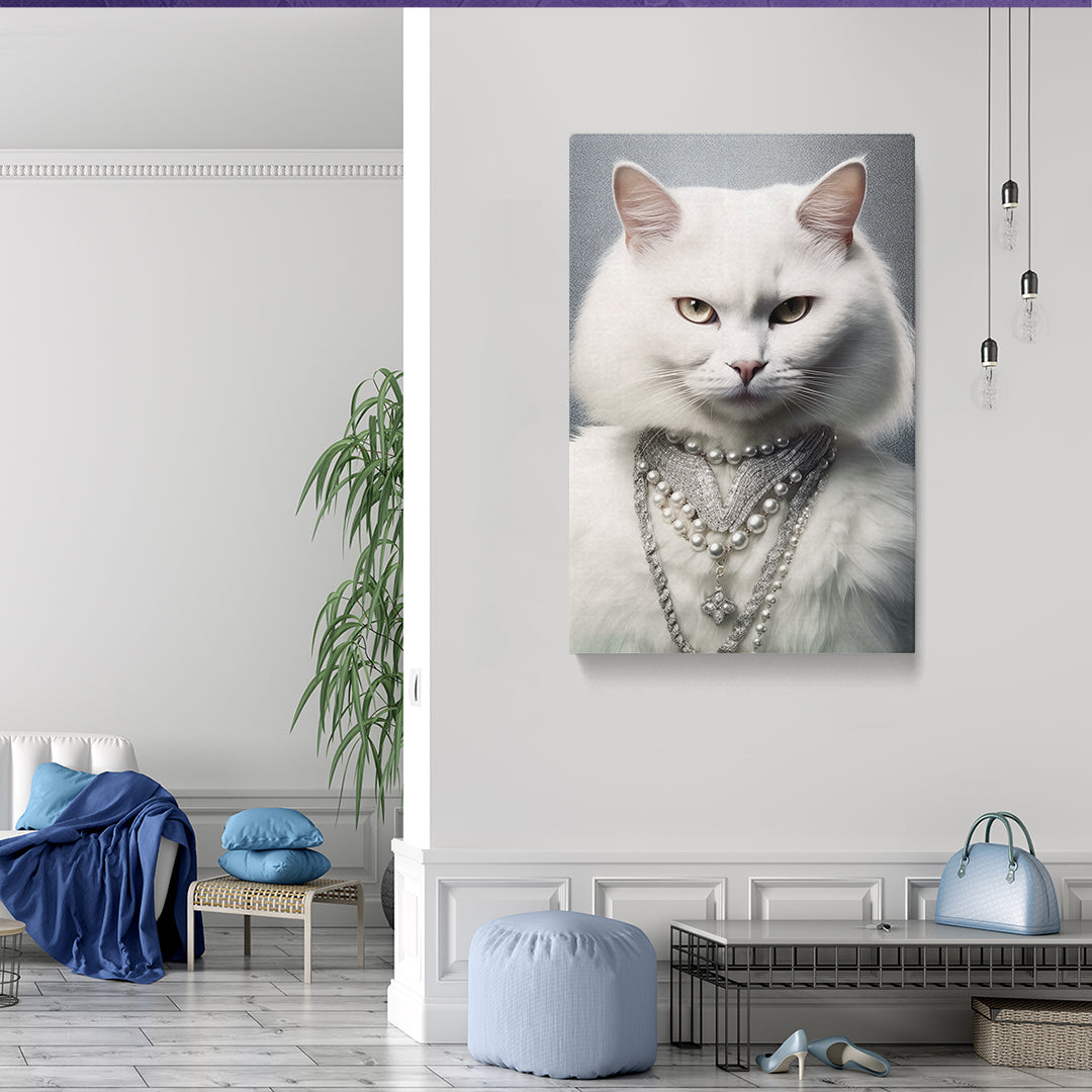 Majestic White Cat with Pearls Canvas Prints Artesty 1 Panel 30"x46" 