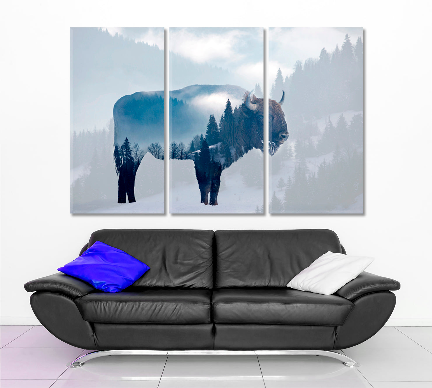 DOUBLE EXPOSURE Wild Bison Buffalo Foggy Pine Forest Wild Life Framed Art Artesty 3 panels 36" x 24" 