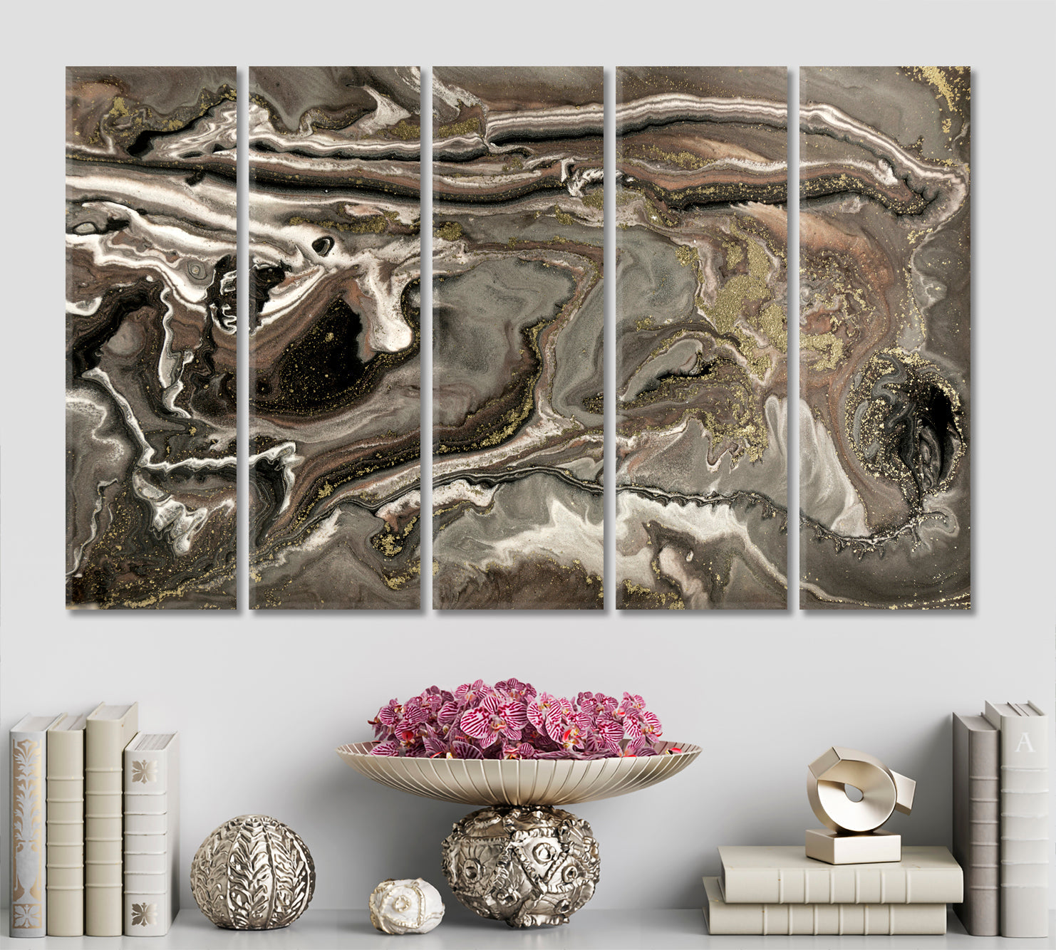 MOTHER OF PEARL Brown Pearlescent Colors Gold Powder Flecks Fluid Art, Oriental Marbling Canvas Print Artesty 5 panels 36" x 24" 