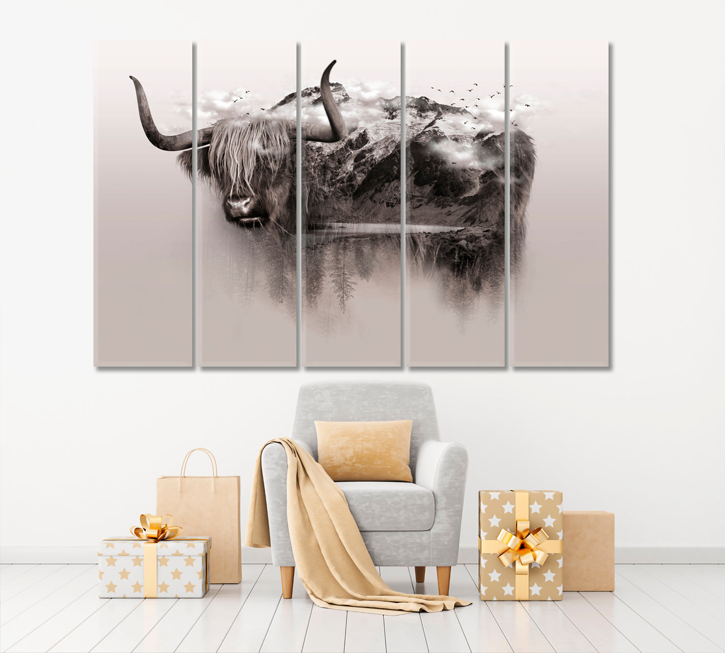 Bull Yak Wildlife Art Double Exposure Trees Mountain Surrounded By Fog Wild Life Framed Art Artesty   