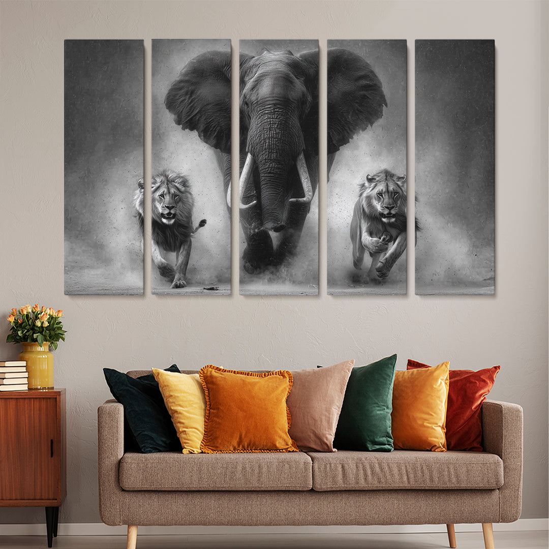 Black and White Elephant and Lions Animals Canvas Print Artesty 5 panels 36" x 24"