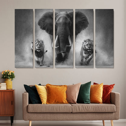 Black and White Elephant and Lions Animals Canvas Print Artesty 5 panels 36" x 24"