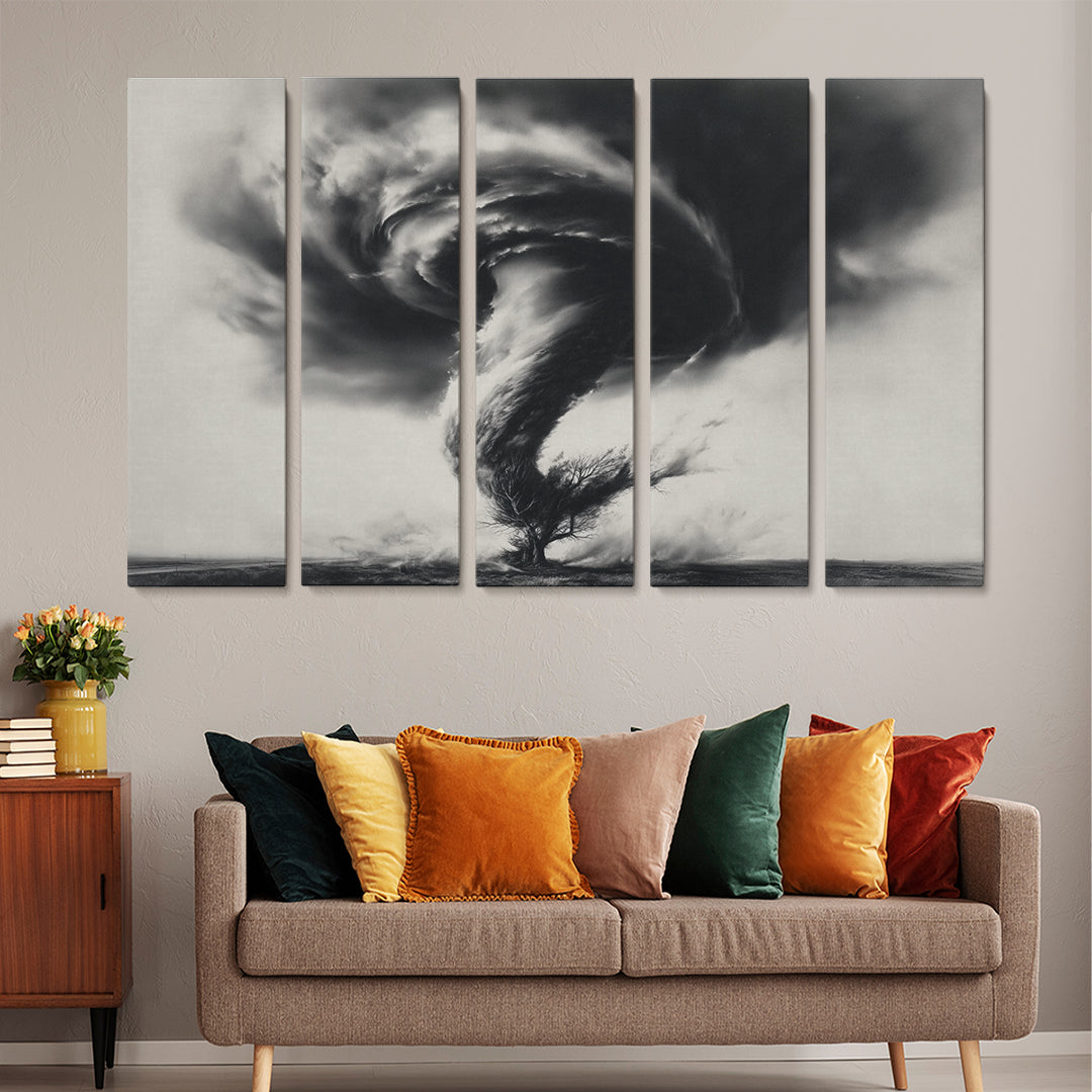 Black and White Tornado with Tree Animals Canvas Print Artesty 5 panels 36" x 24"