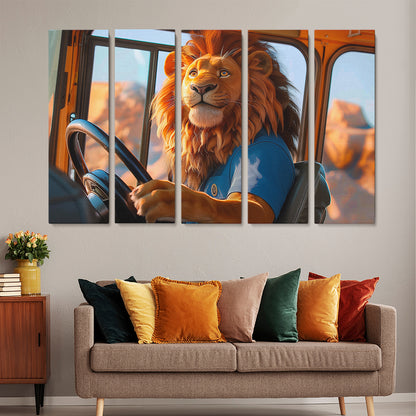 Lion School Bus Driver Animals Canvas Print Artesty 5 panels 36" x 24"
