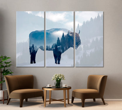 DOUBLE EXPOSURE Wild Bison Buffalo Foggy Pine Forest Wild Life Framed Art Artesty   