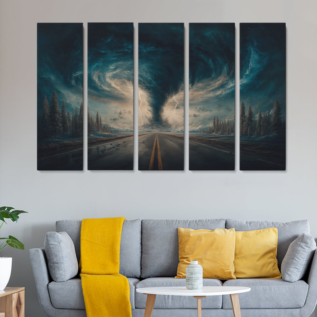 Stormy Road and Tornado with Lightning Animals Canvas Print Artesty 5 panels 36" x 24"