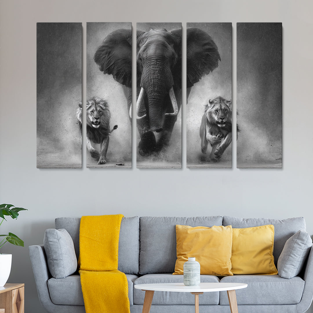 Black and White Elephant and Lions Animals Canvas Print Artesty