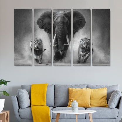 Black and White Elephant and Lions Animals Canvas Print Artesty