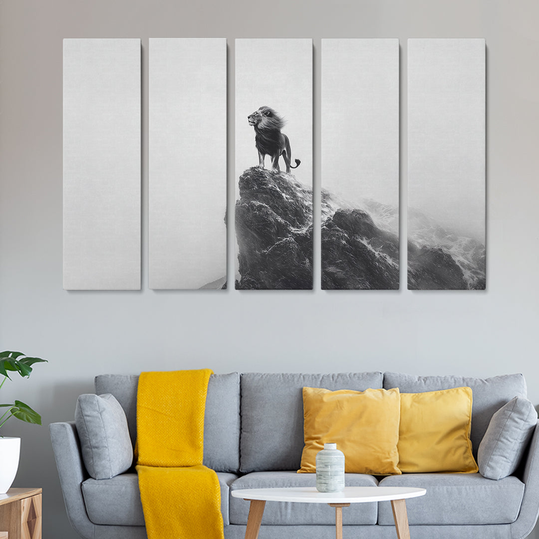 Black and White Lion on Cliff Animals Canvas Print Artesty 5 panels 36" x 24"