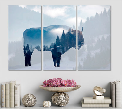 DOUBLE EXPOSURE Wild Bison Buffalo Foggy Pine Forest Wild Life Framed Art Artesty   