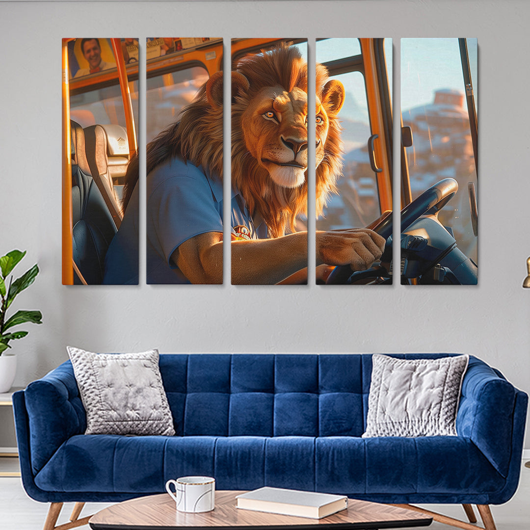 Lion Bus Driver Animals Canvas Print Artesty 5 panels 36" x 24"