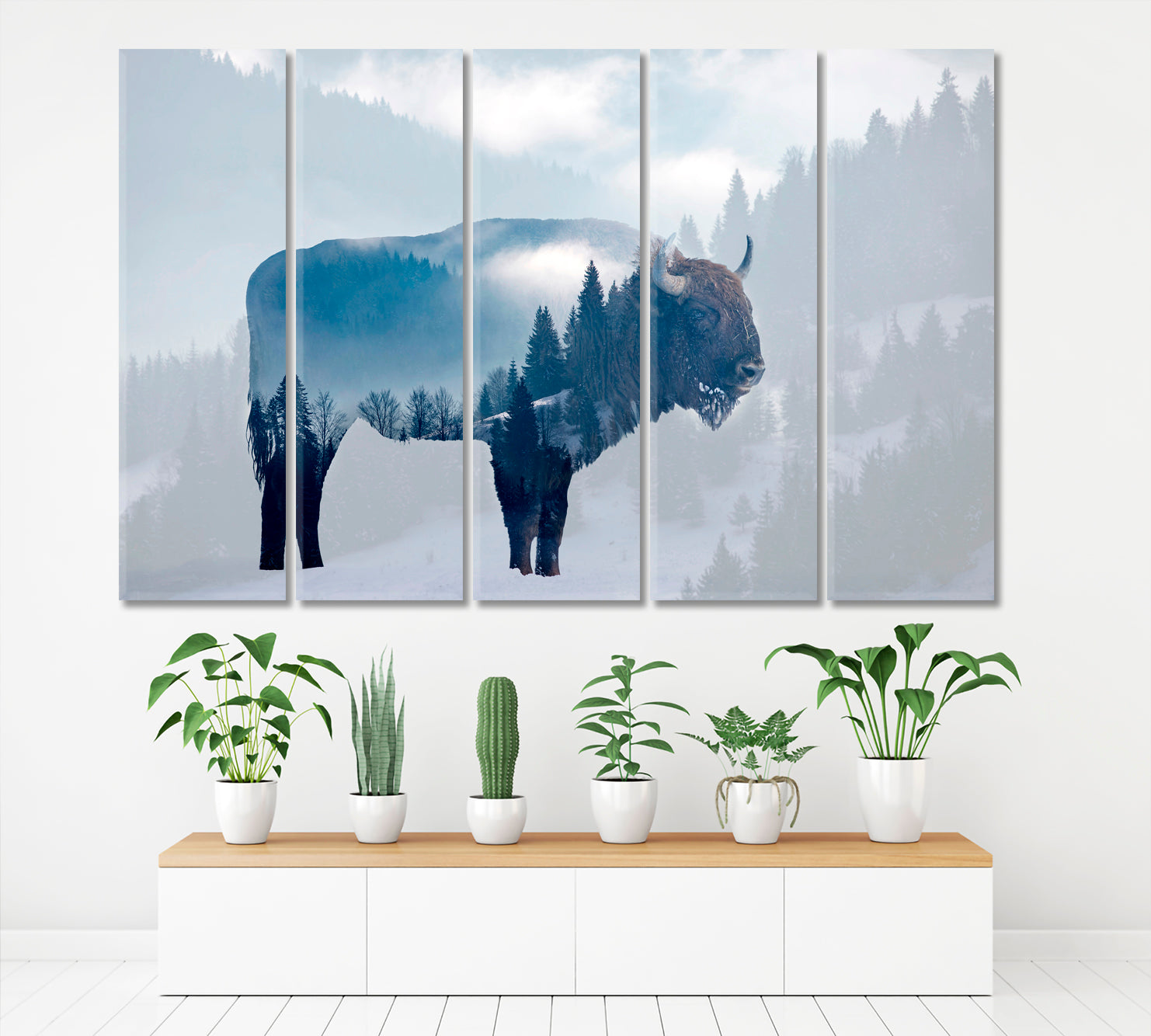 DOUBLE EXPOSURE Wild Bison Buffalo Foggy Pine Forest Wild Life Framed Art Artesty 5 panels 36" x 24" 