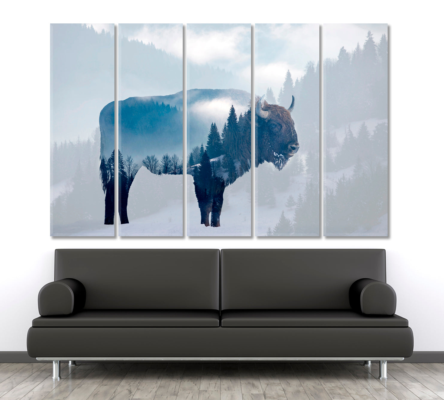 DOUBLE EXPOSURE Wild Bison Buffalo Foggy Pine Forest Wild Life Framed Art Artesty   