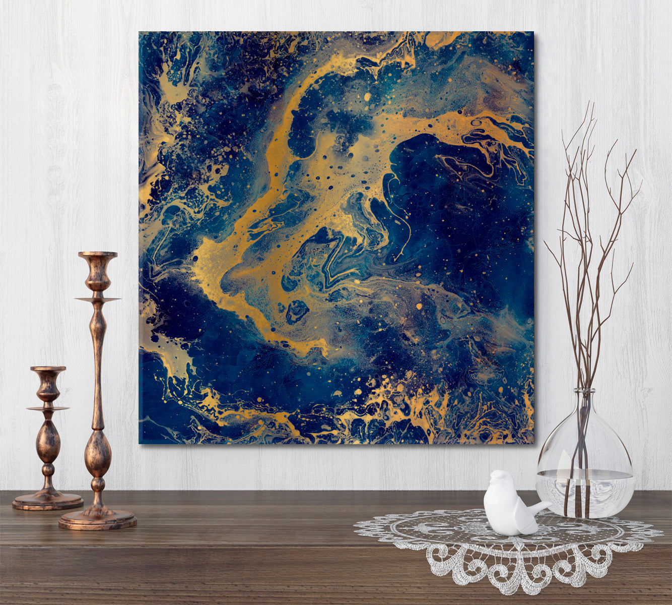 Abstract Marble Blue Yellow Color Stains Fluid Art, Oriental Marbling Canvas Print Artesty 1 Panel 12"x12" 