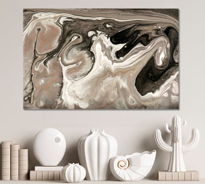 Brown Pearlescent Сream Gold Fluid Art, Oriental Marbling Canvas Print Artesty 1 panel 24" x 16" 