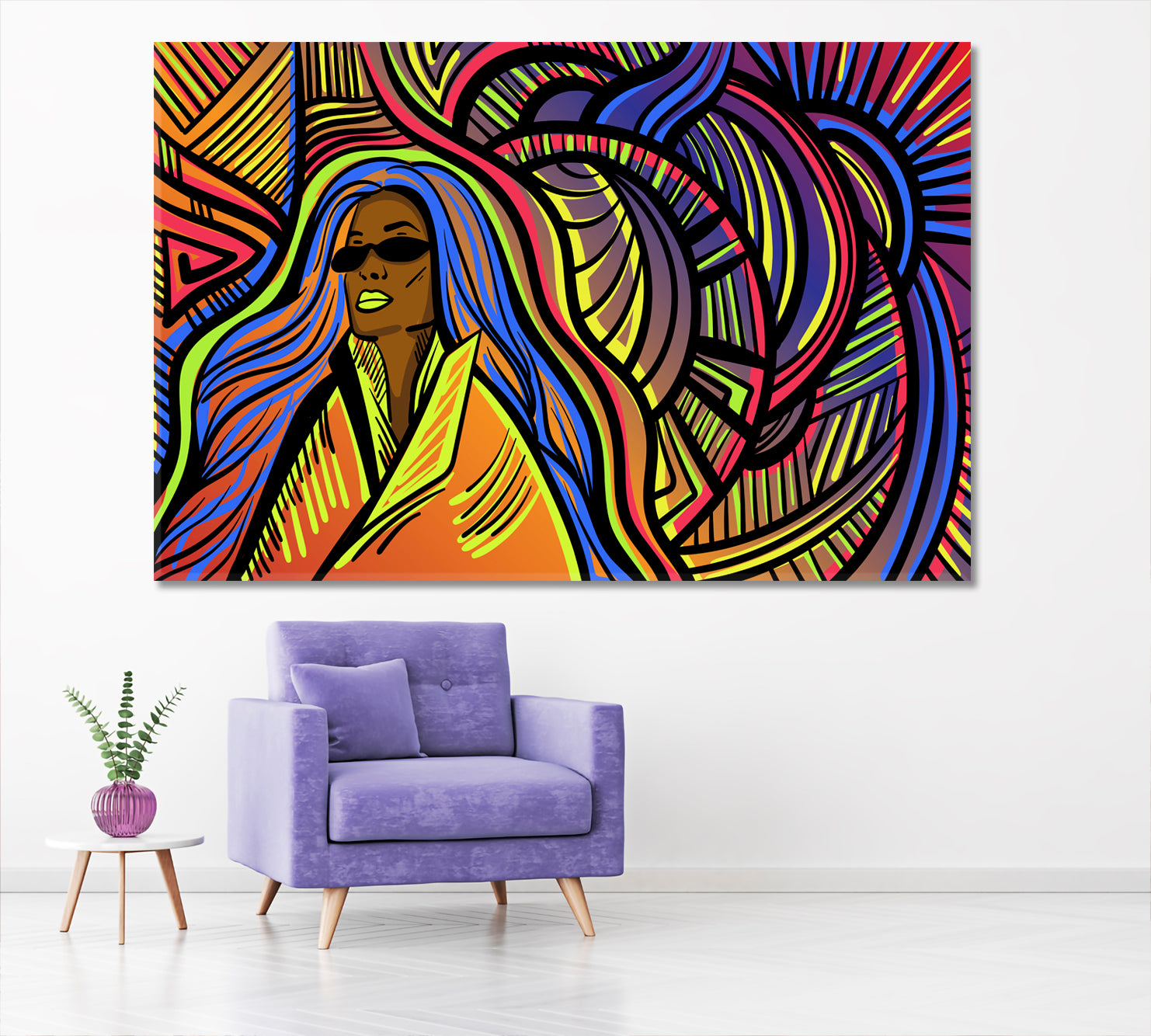 DOODLES Colorful Psychedelic Lines With Abstract Woman Surreal Fantasy Large Art Print Décor Artesty 1 panel 24" x 16" 