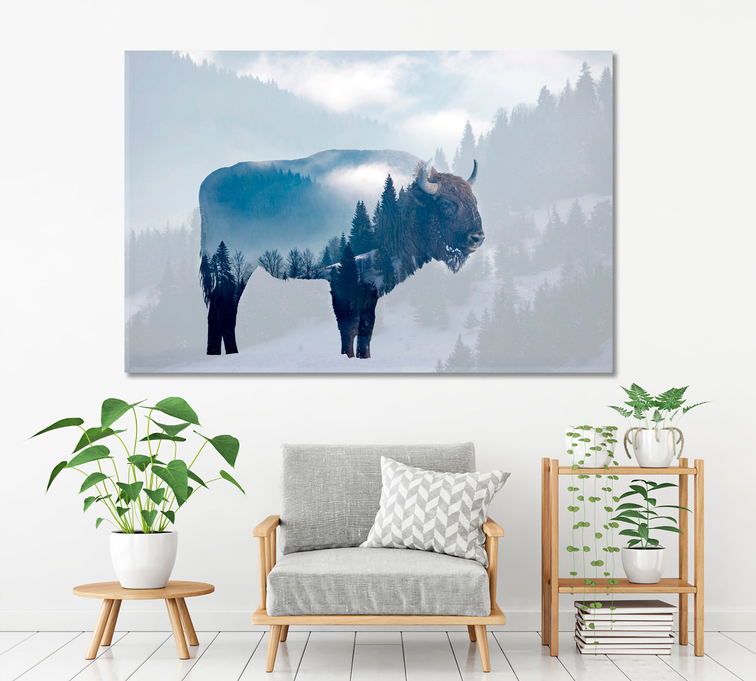 DOUBLE EXPOSURE Wild Bison Buffalo Foggy Pine Forest Wild Life Framed Art Artesty   