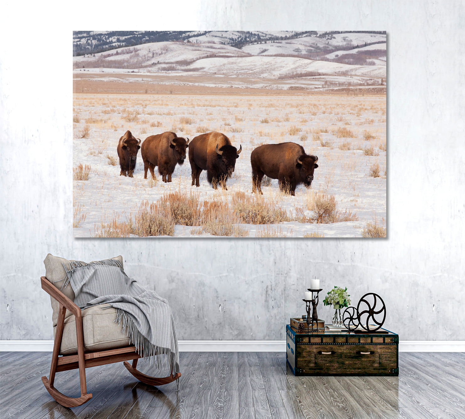 Field With Four American Bison Animals Canvas Print Artesty 1 panel 24" x 16" 