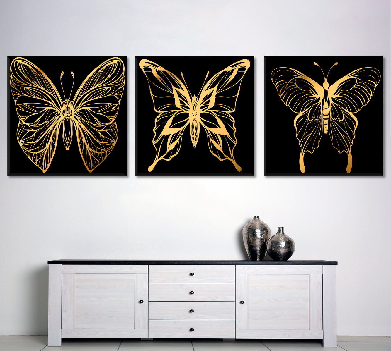 Gold Butterflies Set of 3 Tropical, Exotic Art Print Artesty Set of 3 Panels 36"x12" 