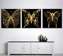 Gold Butterflies Set of 3 Tropical, Exotic Art Print Artesty Set of 3 Panels 36"x12" 