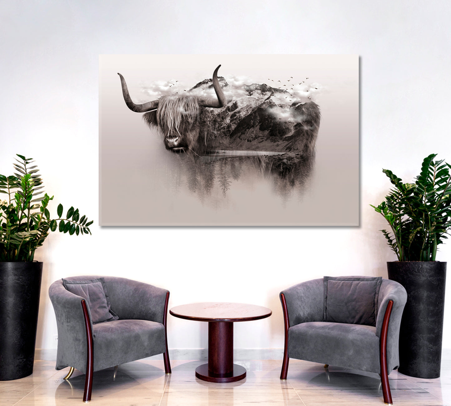 Bull Yak Wildlife Art Double Exposure Trees Mountain Surrounded By Fog Wild Life Framed Art Artesty   