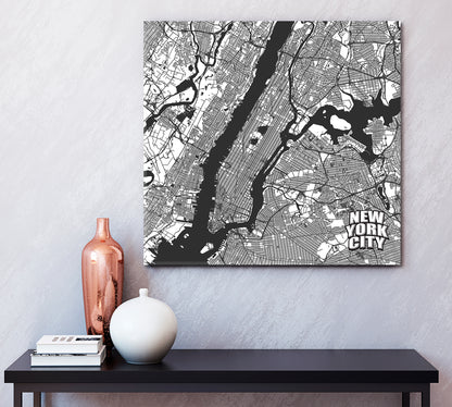 New York City Detailed Map Typography Style Poster Maps Canvas Artwork Artesty 1 Panel 12"x12" 