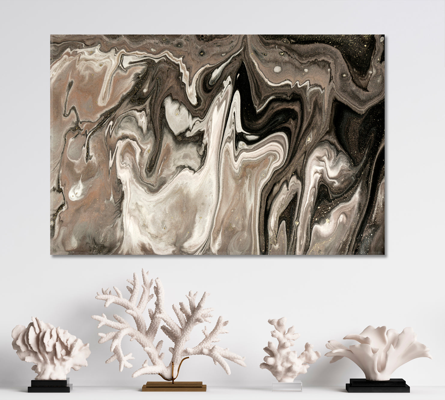 POURING CHOCOLATE Brown Beige Creamy Fluid Art, Oriental Marbling Canvas Print Artesty 1 panel 24" x 16" 