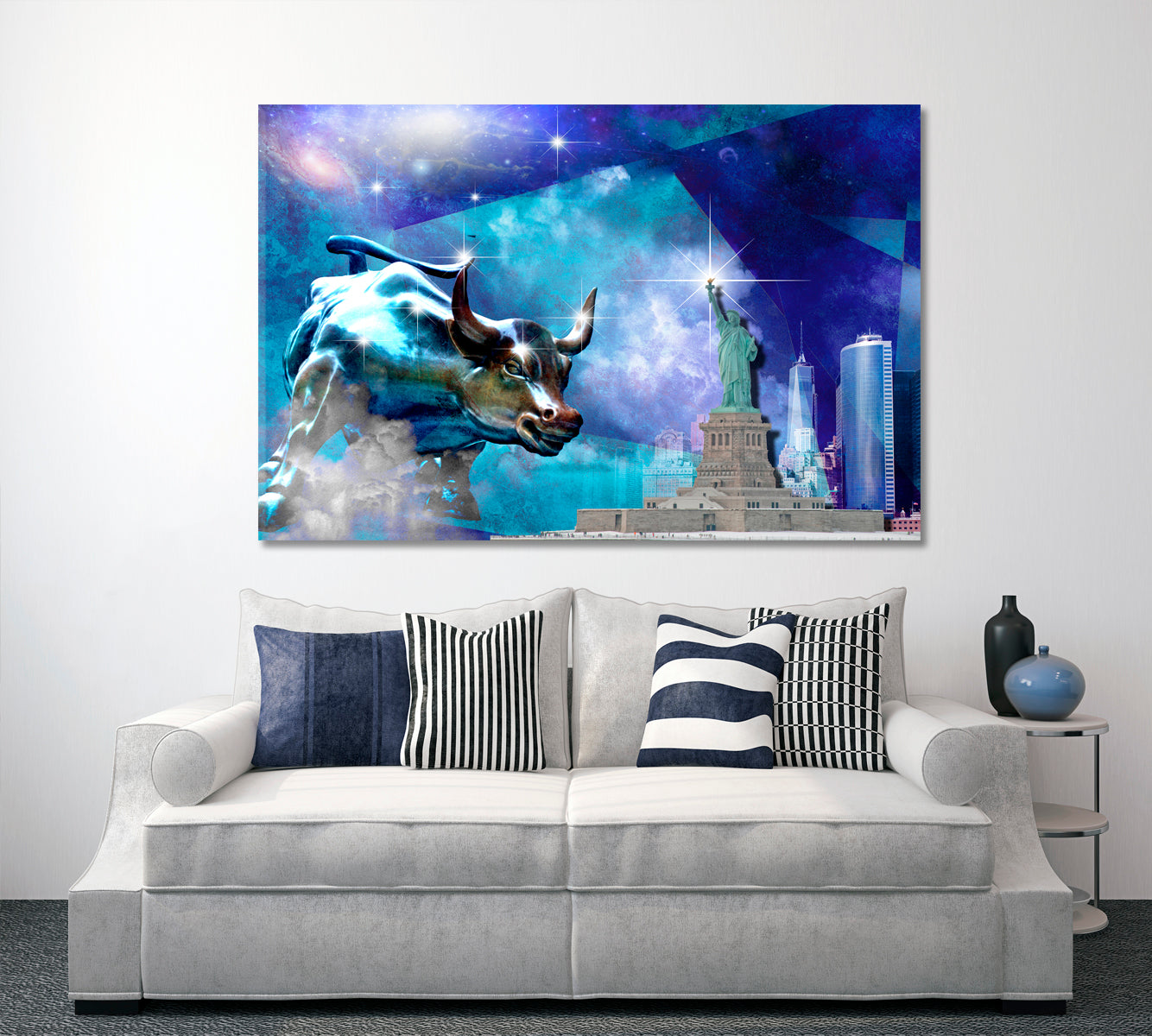 Charging Bull Sculpture and Statue of Liberty Cities Wall Art Artesty 1 panel 24" x 16" 