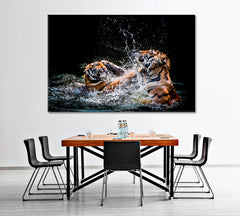 WILD CAT Two Tigers Fighting In Water Animals Canvas Print Artesty 1 panel 24" x 16" 