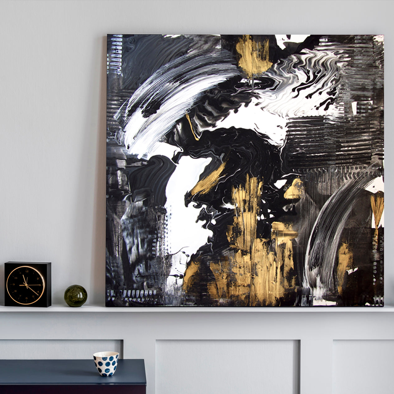 GRUNGE Black and White with Gold Effect Abstract Art Print Artesty   
