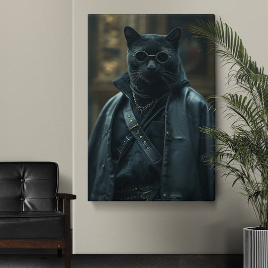 Cool Black Cat in Leather Jacket and Sunglasses Canvas Prints Artesty