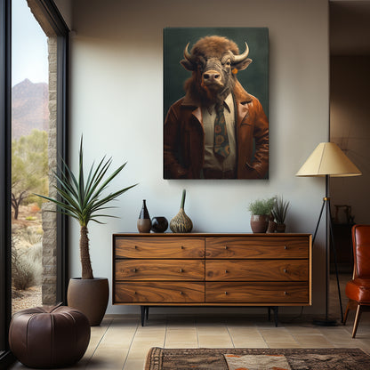 Cool Bull in Brown Leather Jacket Canvas Prints Artesty