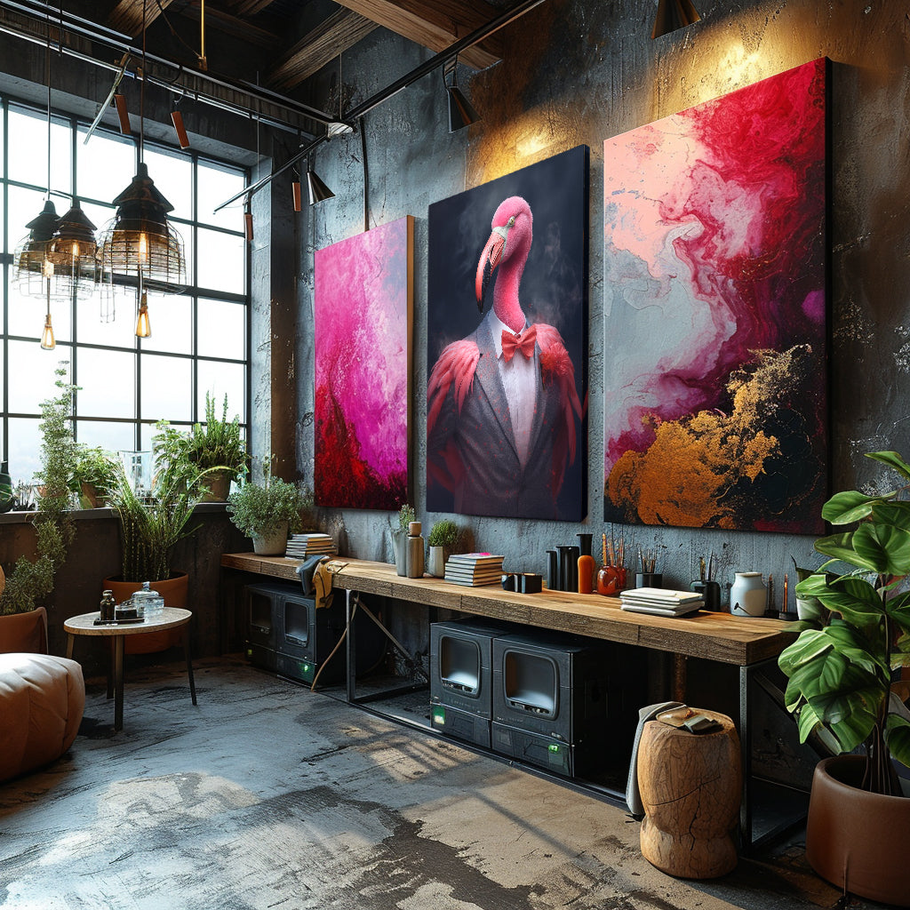 Elegant Flamingo in Gray Suit Canvas Prints Artesty