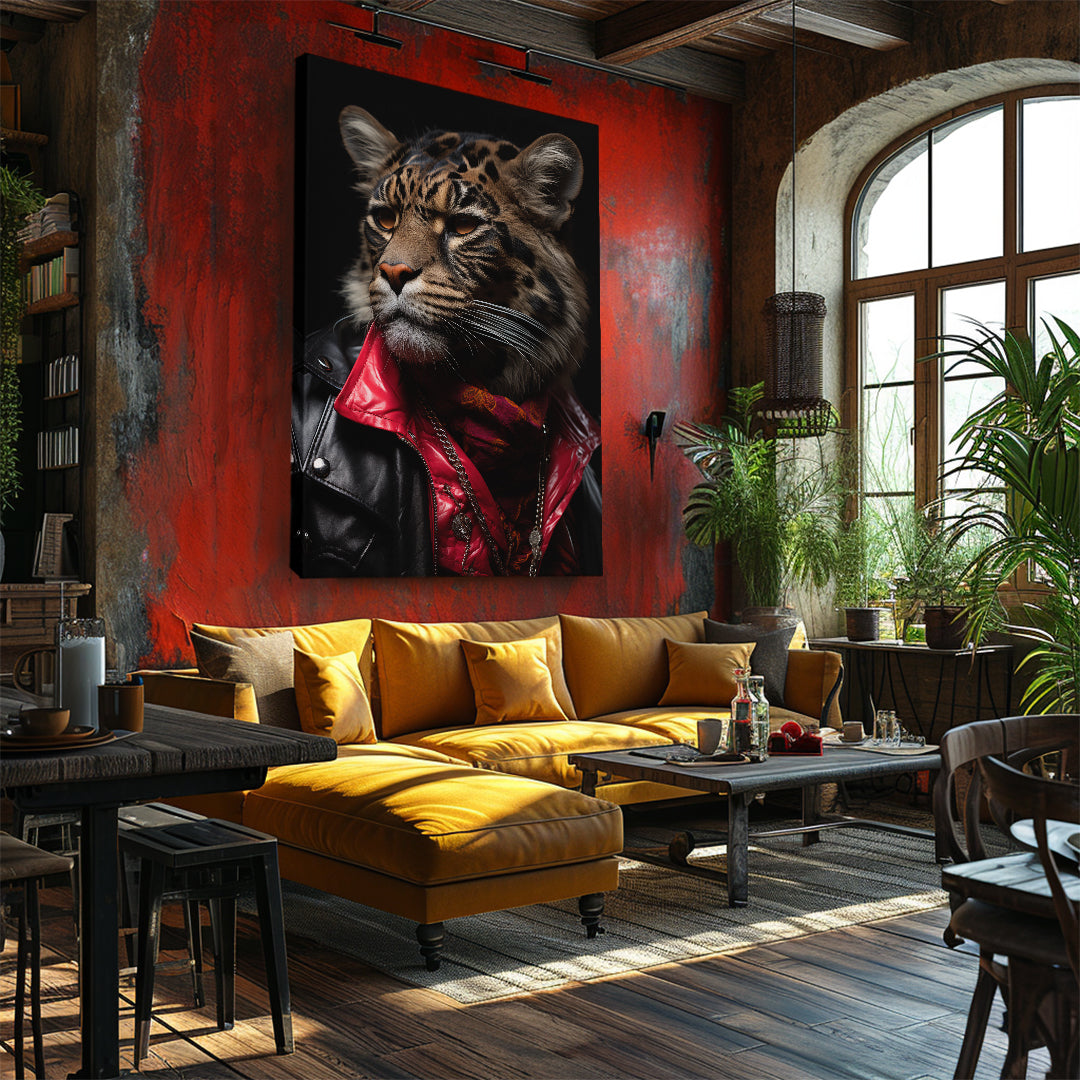 Leopard in Red Scarf and Leather Jacket Canvas Prints Artesty