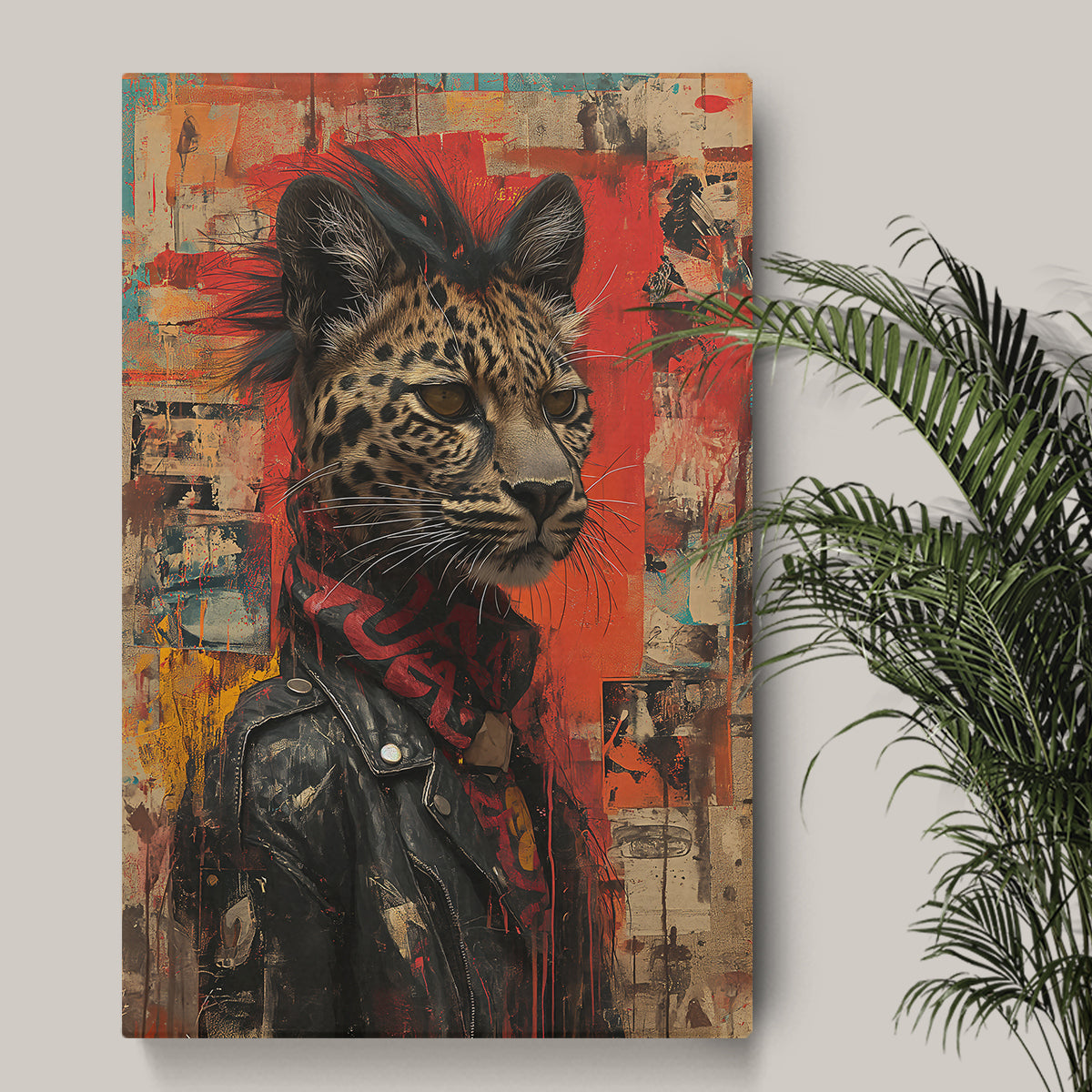 Leopard in Leather Jacket Punk Style Canvas Prints Artesty