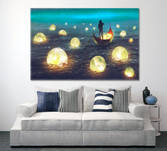 SURREAL Night Scenery Man Rowing Boat Glowing Moons Floating Sea Surreal Fantasy Large Art Print Décor Artesty 1 panel 24" x 16" 