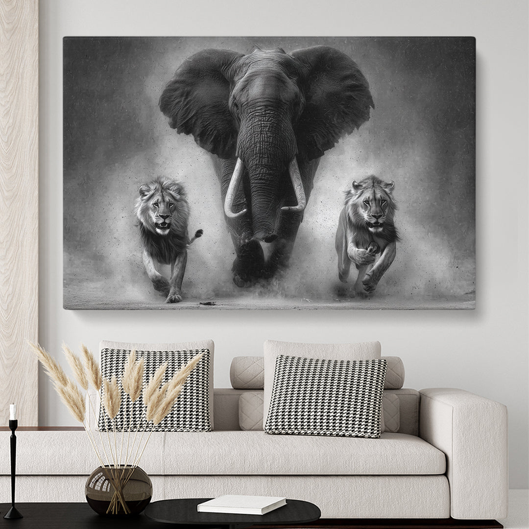 Black and White Elephant and Lions Animals Canvas Print Artesty 1 panel 24" x 16"