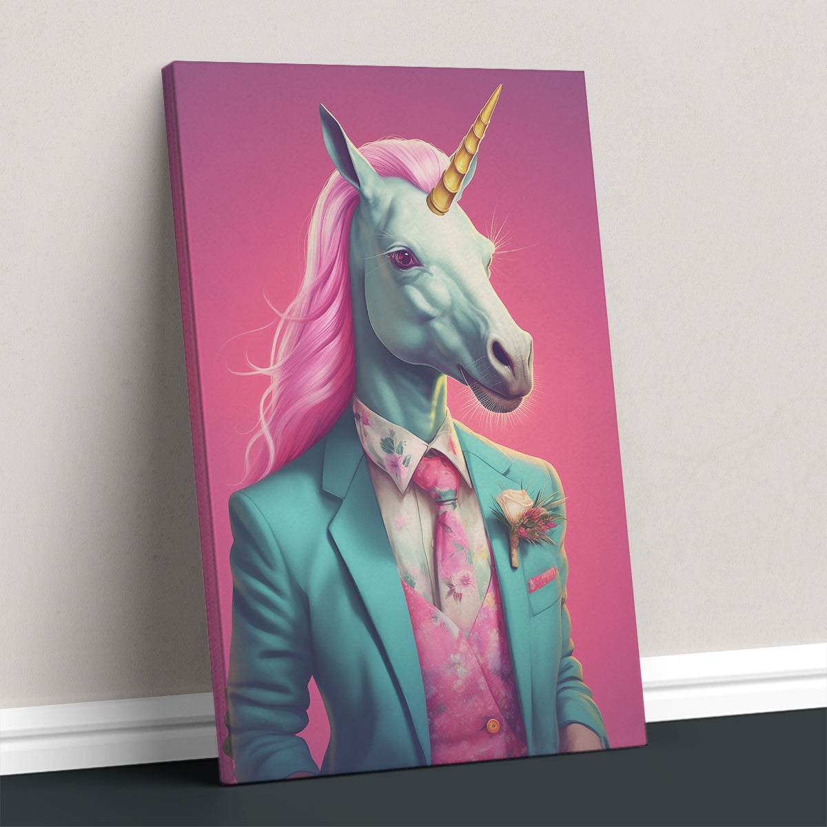 Unicorn in Teal Suit and Pink Tie Canvas Prints Artesty